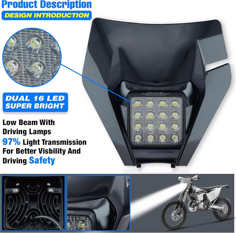 MCHMFG Dirt Bike Headlight,LED Enduro Pit Bike Light Kit Universal For Most Dirt Pit Bike Motorcycle EXC SXF Black - Image 3